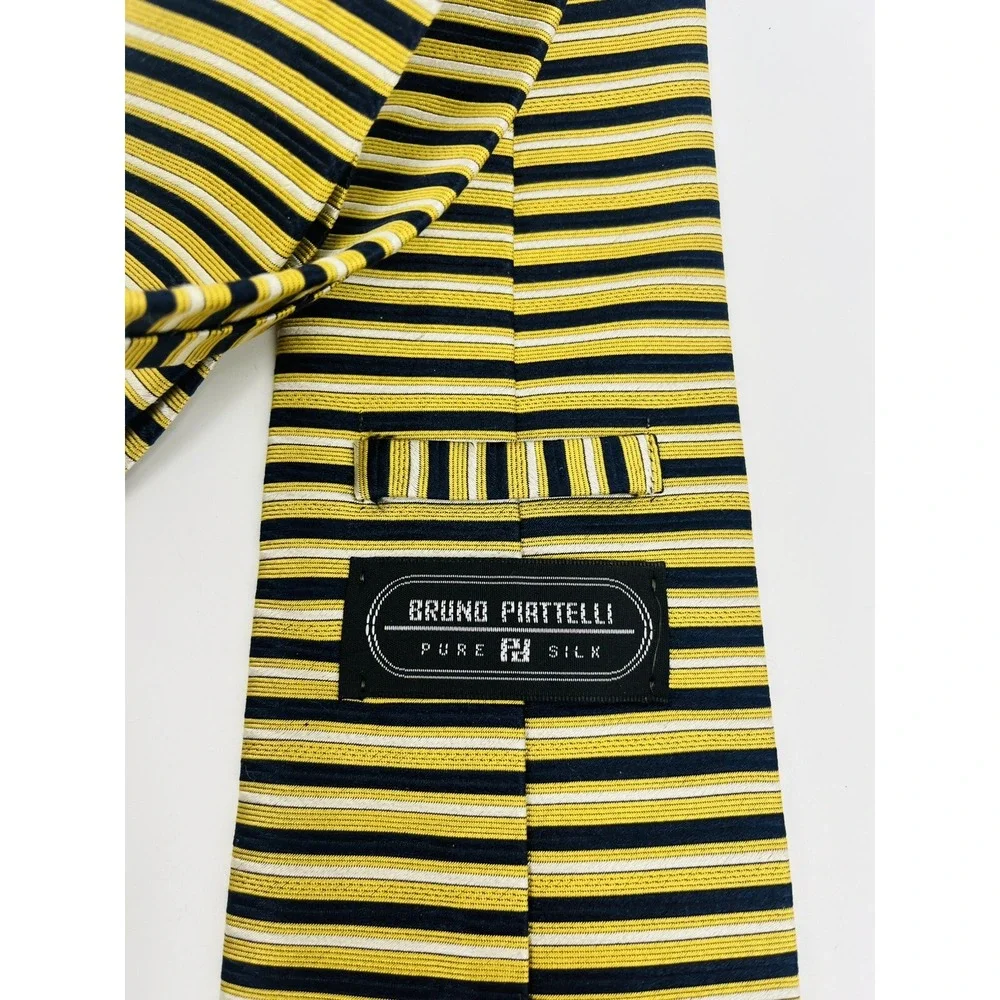 Bruno Piattelli Navy Blue Gold Silver Striped 100% Silk Necktie Classic